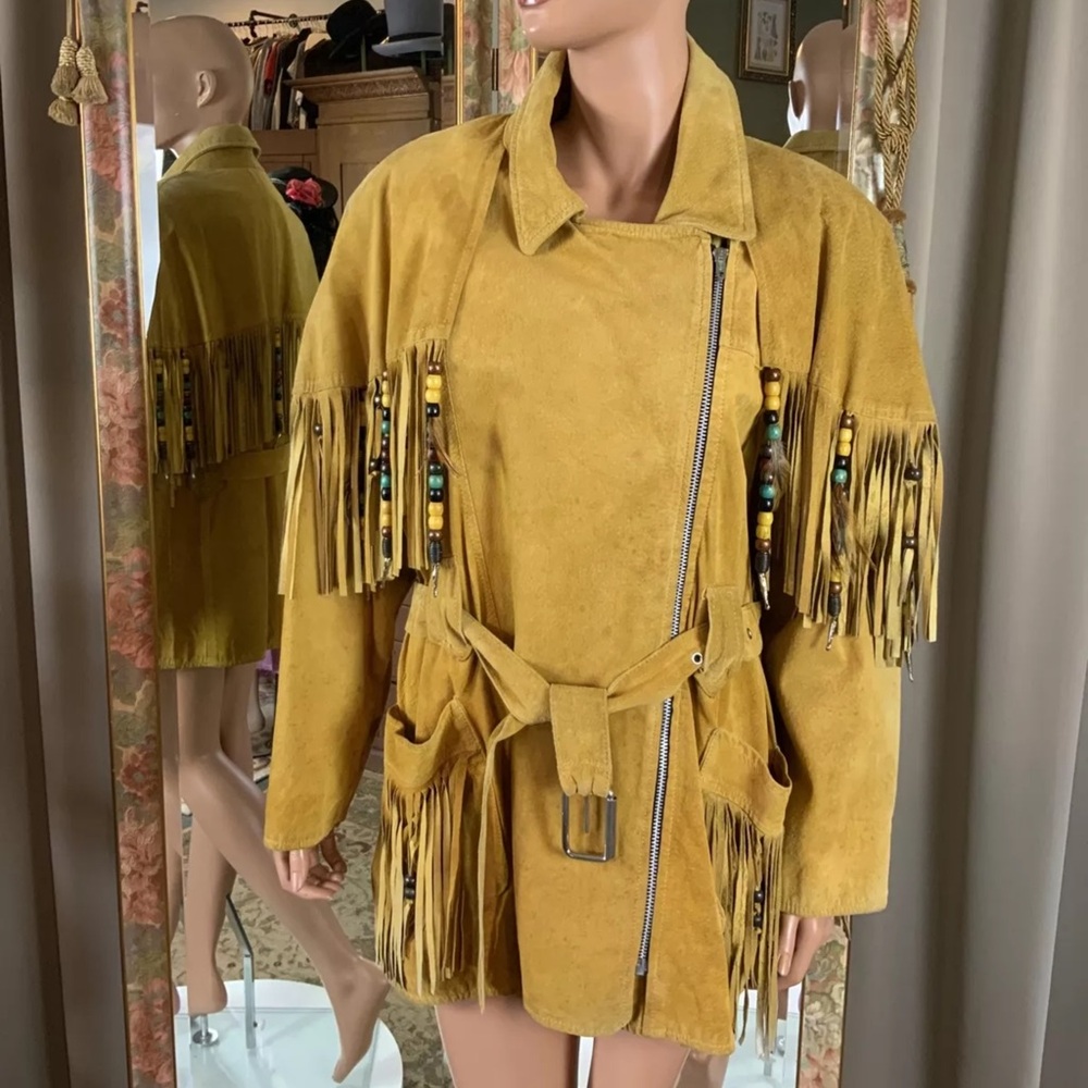 Vintage Lillie Rubin Suede Fringe Beaded Jacket Belted Offset Zip sz Medium (XL)